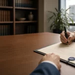 Binding Financial Agreement document being signed in a modern Australian law office, walnut desk and law-library shelves in background