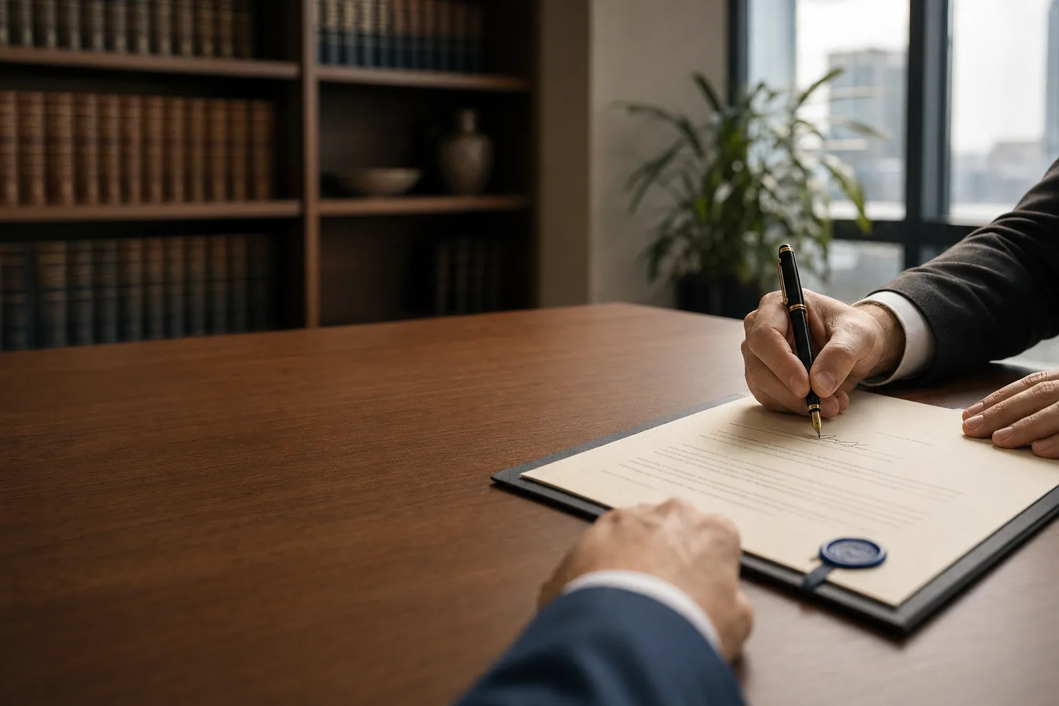 Binding Financial Agreement document being signed in a modern Australian law office, walnut desk and law-library shelves in background