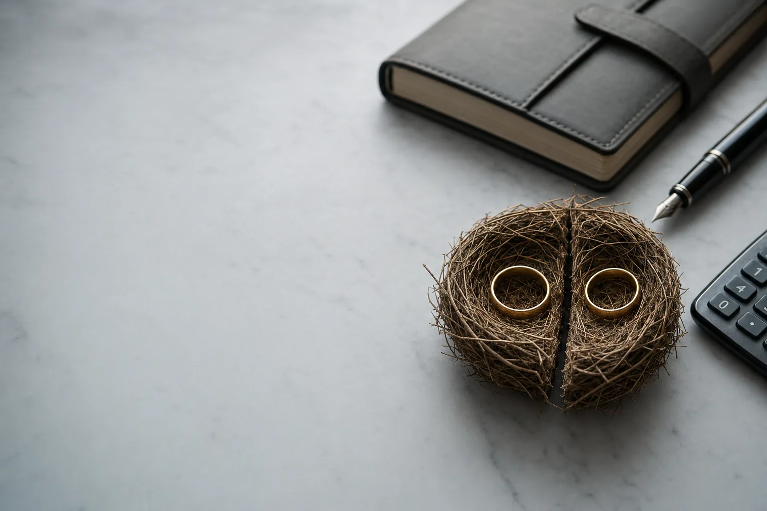 Two gold wedding bands resting on a split nest of straw on a marble desk, beside a leather notebook and pen, symbolising superannuation division during divorce