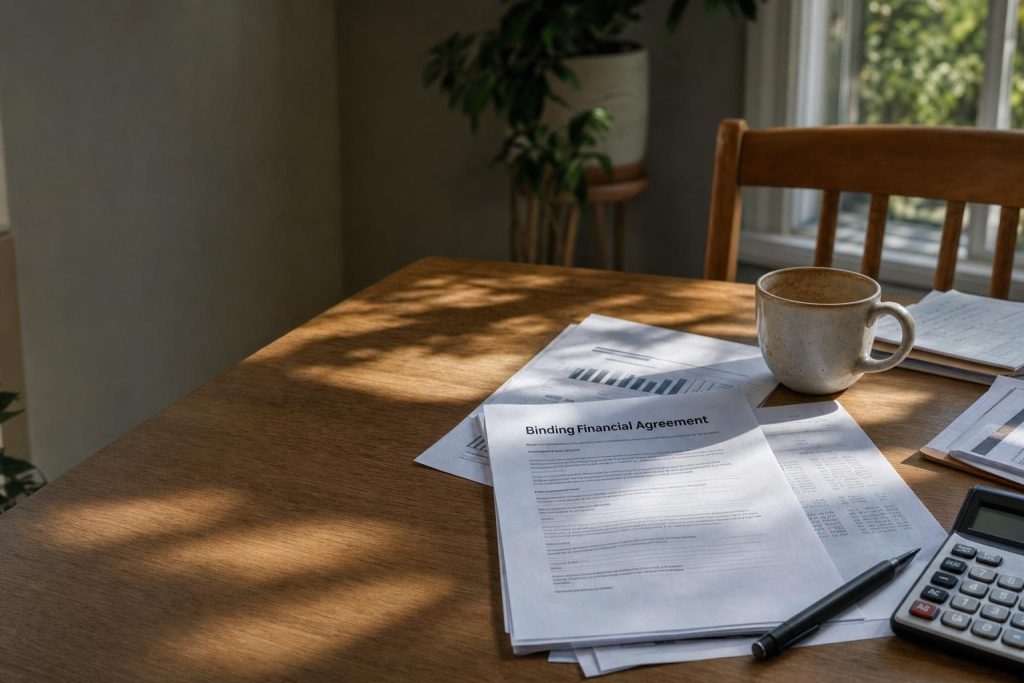 Featured image for What is a Binding Financial Agreement in Australia? - An intimate eyelevel shot of a dining table in an Au