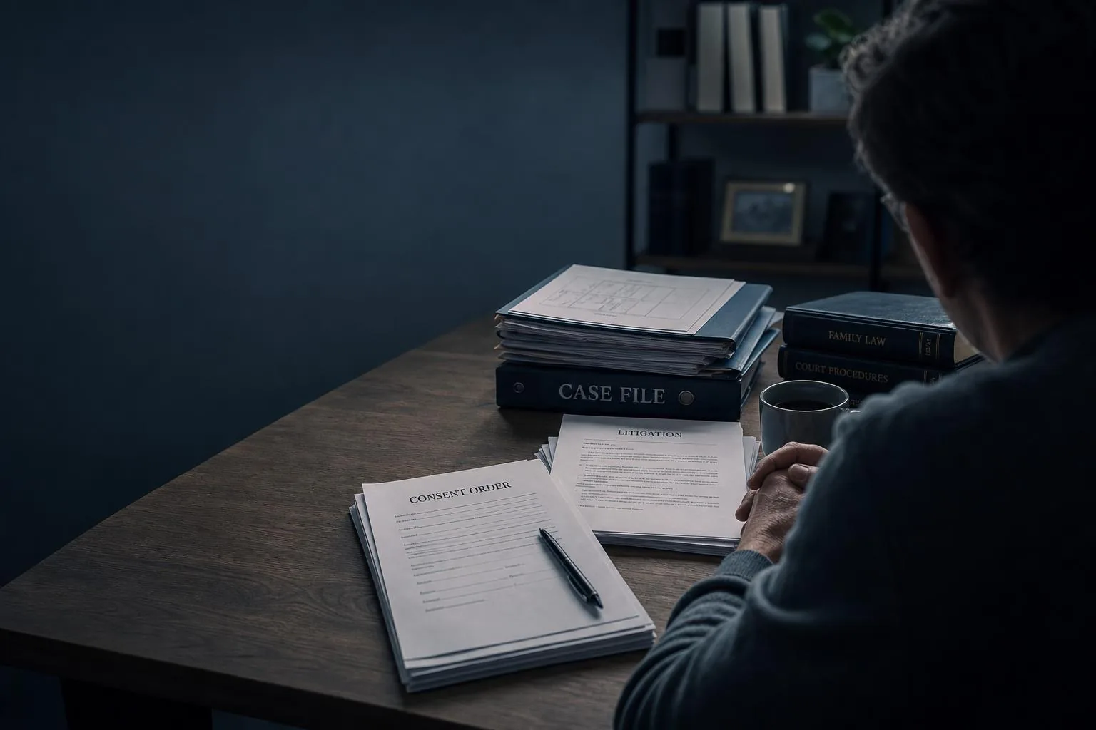 Featured image for Consent Orders vs Litigation: Choosing the Right Path - A quiet contemplative workspace interior bathed in