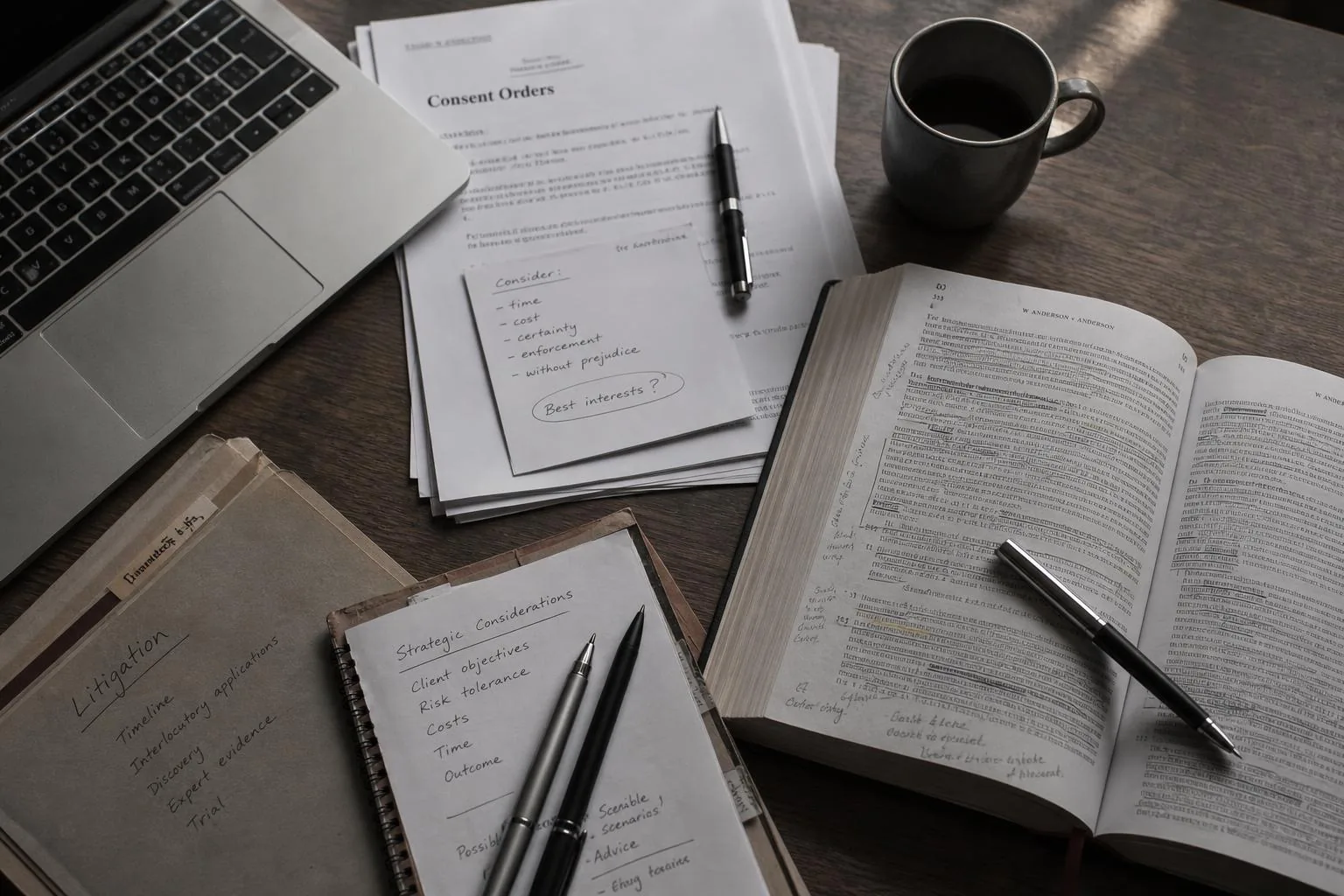 Featured image for Consent Orders vs Litigation: Choosing the Right Path - An overhead flatlay of a cluttered wooden desk fea