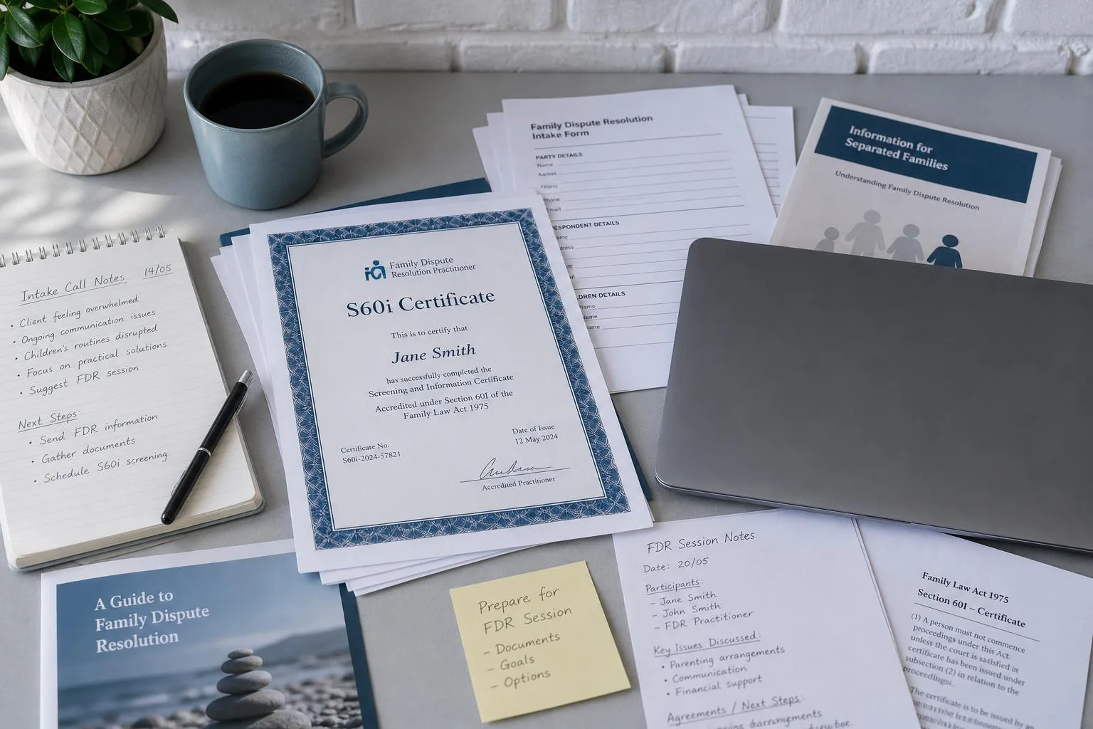 Featured image for Family Dispute Resolution: Getting a S60i Certificate - An overhead flatlay composition of a cluttered des