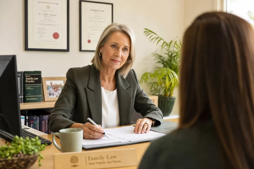Australian family lawyer in professional consultation with a client at a desk, Family Court of Australia context — family violence orders — Law Tram