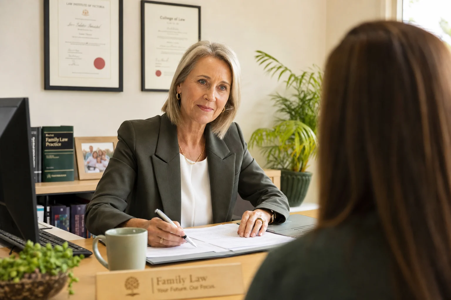 Australian family lawyer in professional consultation with a client at a desk, Family Court of Australia context — family violence orders — Law Tram