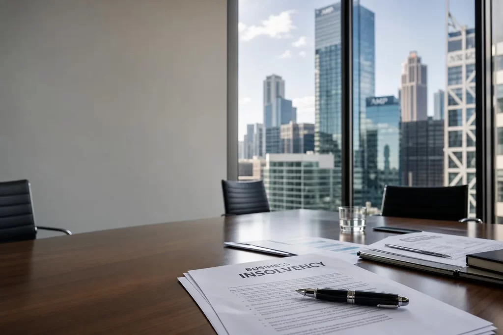 Featured image for How Can Small Businesses Navigate Insolvency Today? - A modern Australian CBD office scene capturing the g