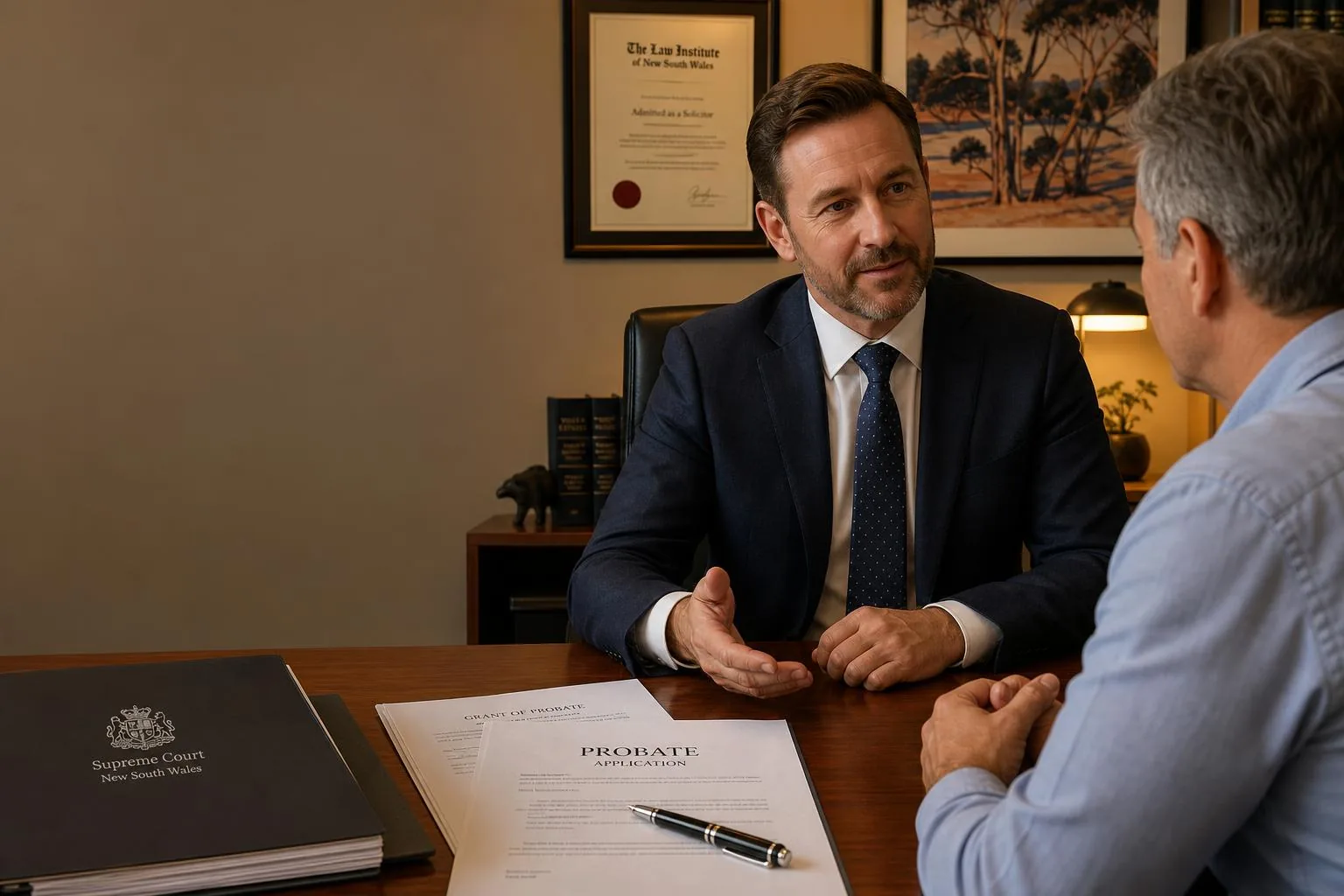 Featured image for How Does Probate Work in NSW? - A warmlit solicitors office scene shows a middleaged client attentively li