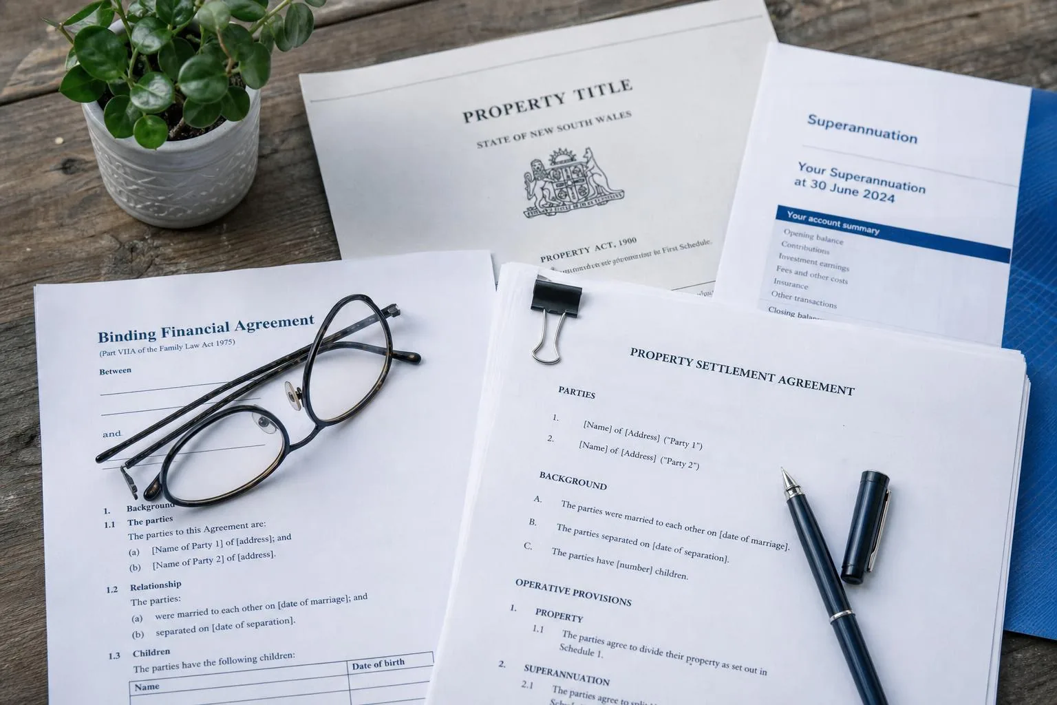 Featured image for How to Divide Property after 10 Years in Australia - Photograph a subtle overhead flatlay composition disp