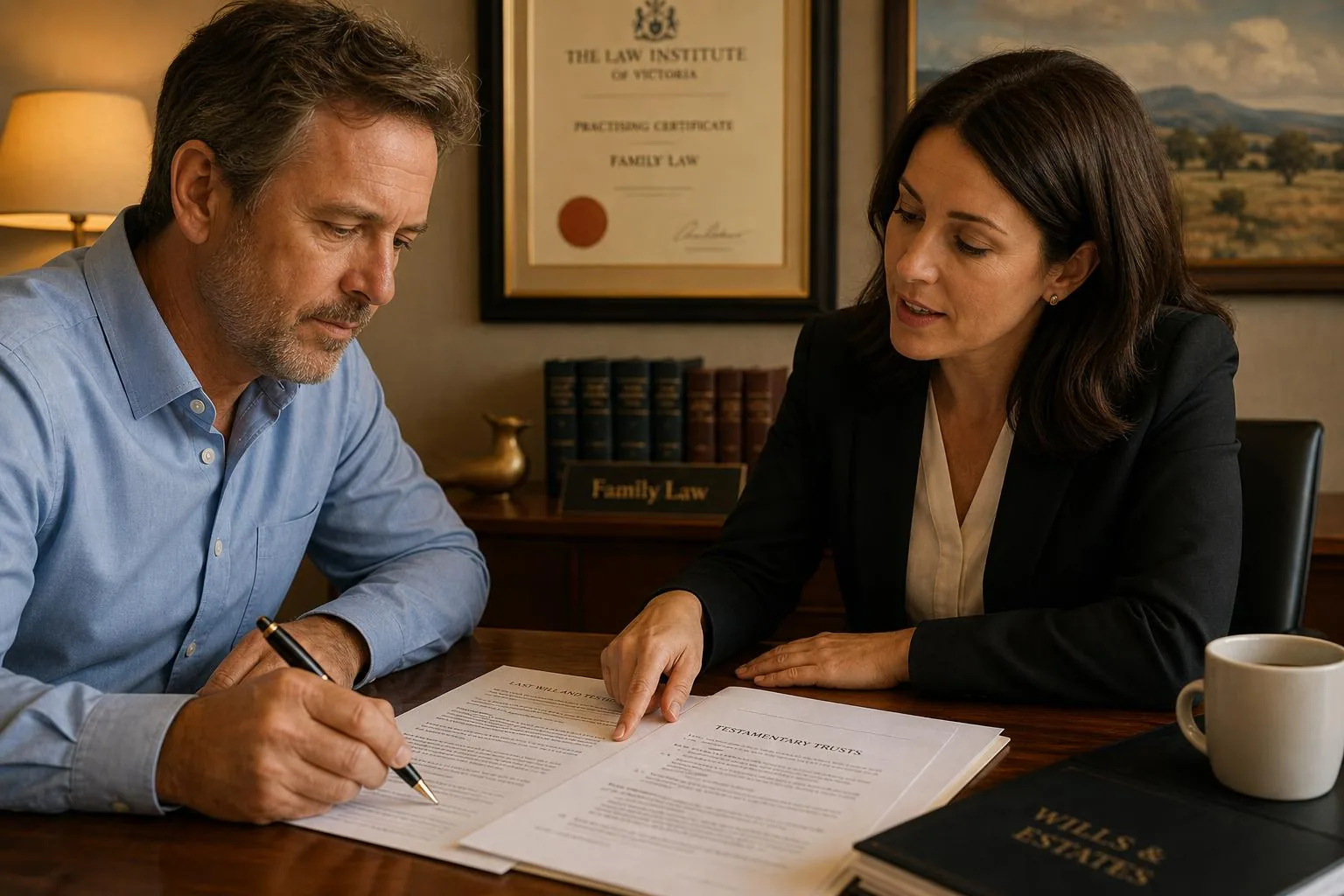 Featured image for How to Draft a Will with Testamentary Trusts Today - In a warmly lit solicitors office a middleaged client