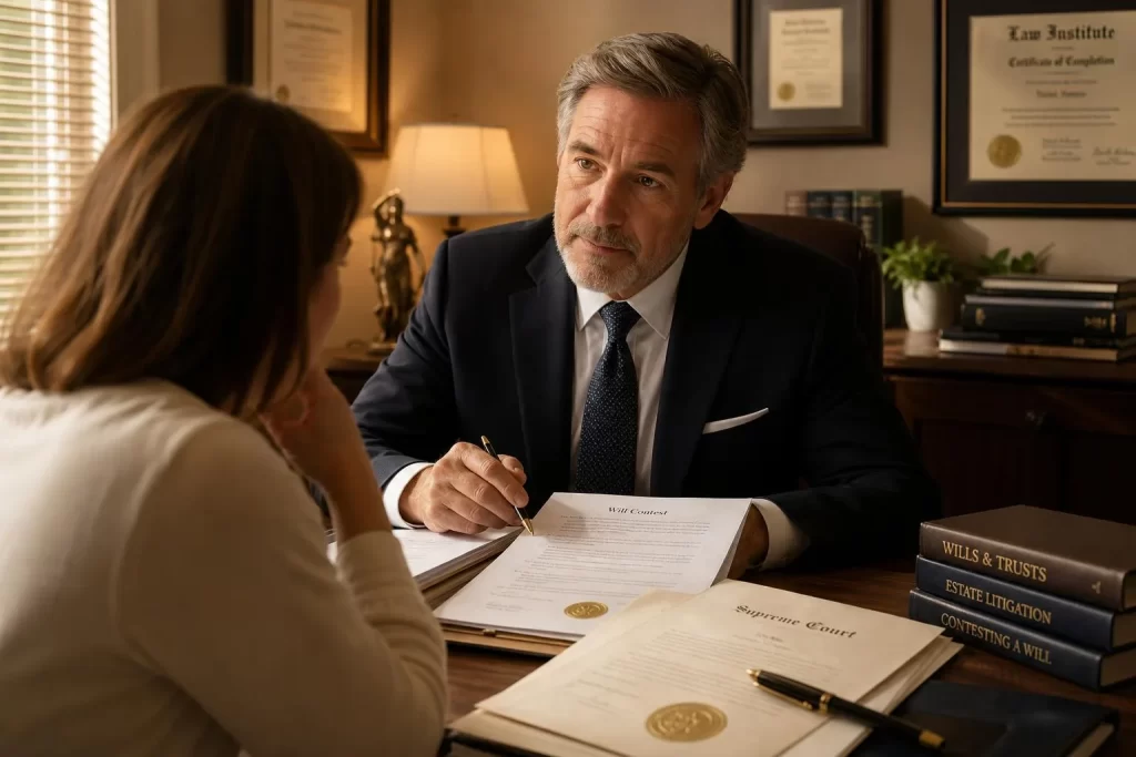 Featured image for How to Handle a Will Contest in NSW - A serene setting in a warmlit solicitors office where an experienced