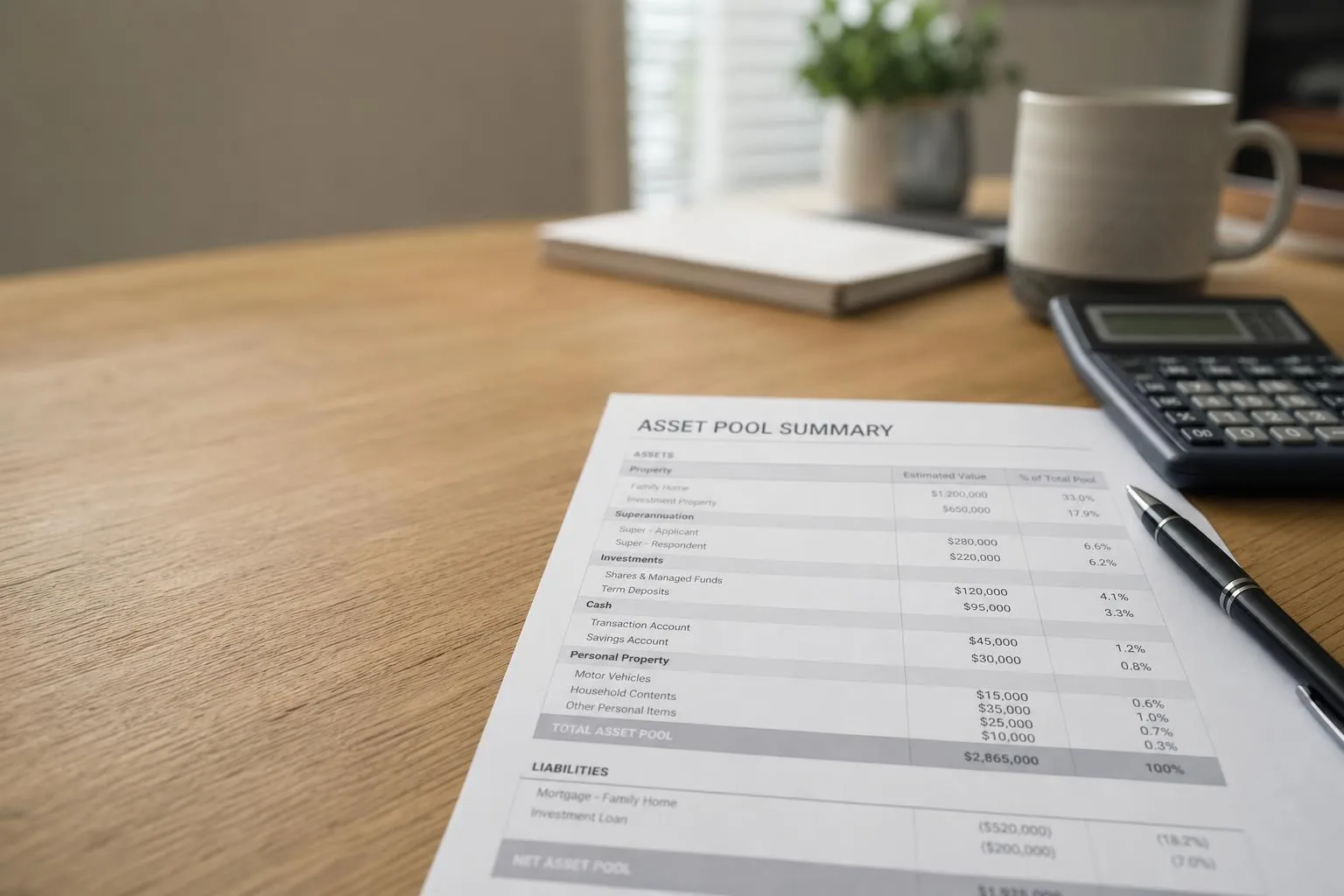 Featured image for How to Handle Asset Pools in Divorce in Australia - A detailed closeup shot of a financial document being
