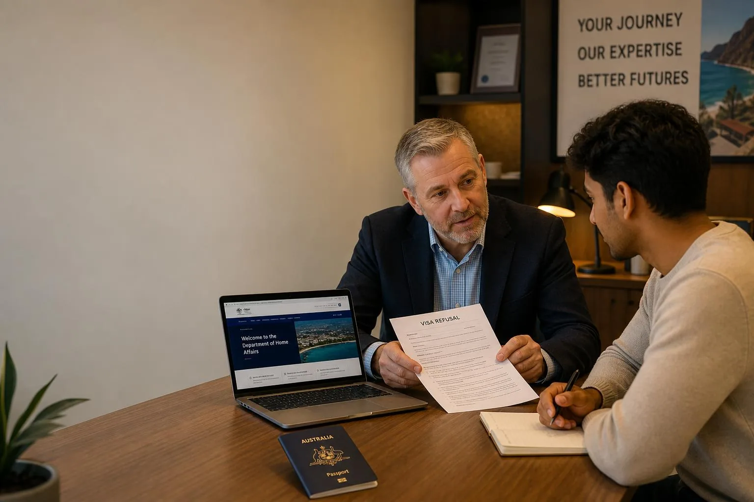 Featured image for How to Respond to a Visa Refusal in Australia - An immigration consultancy office scene capturing a suppor