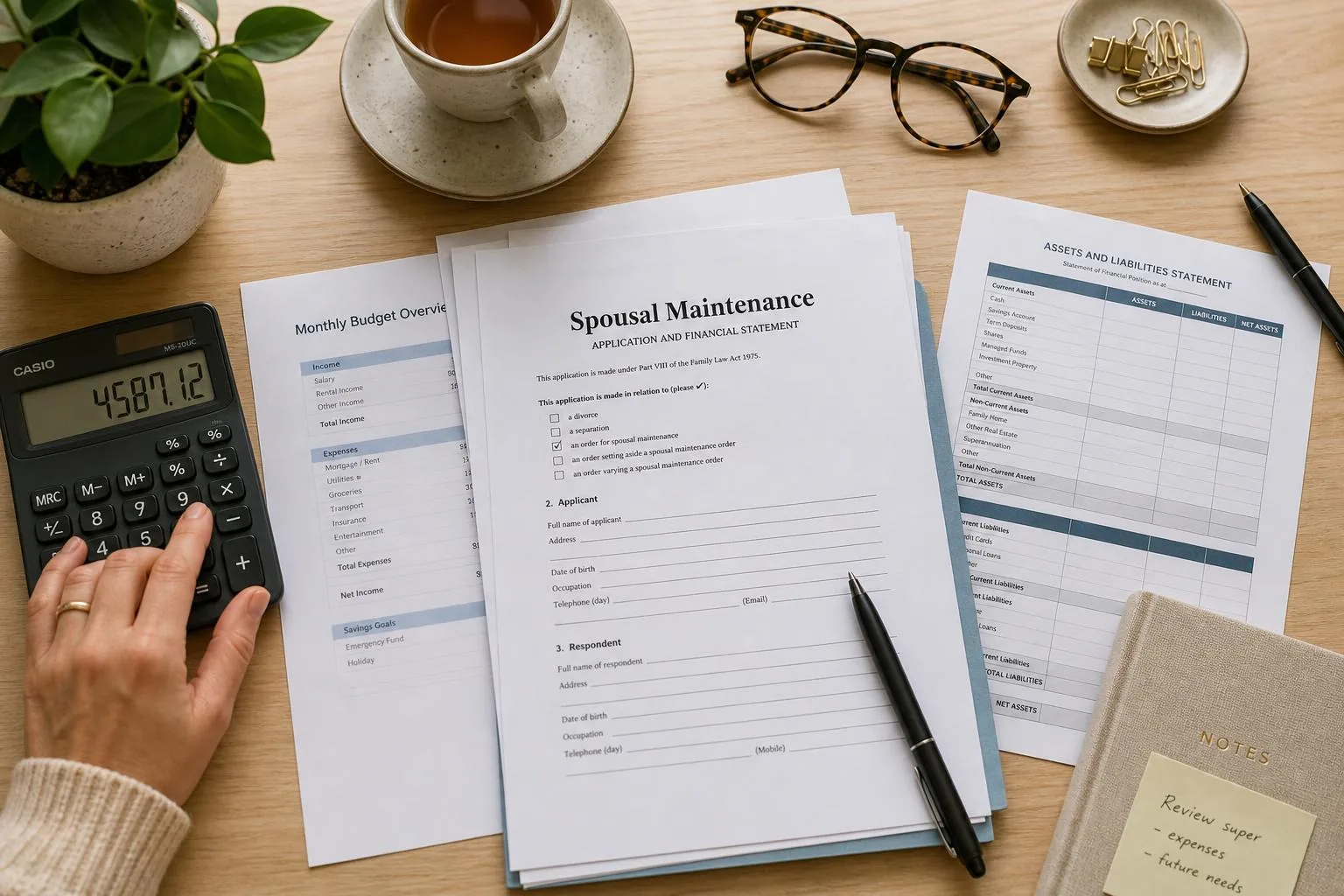 Featured image for Spousal Maintenance: Calculating Support in Australia - A closeup image of a neatly organized desk in a so
