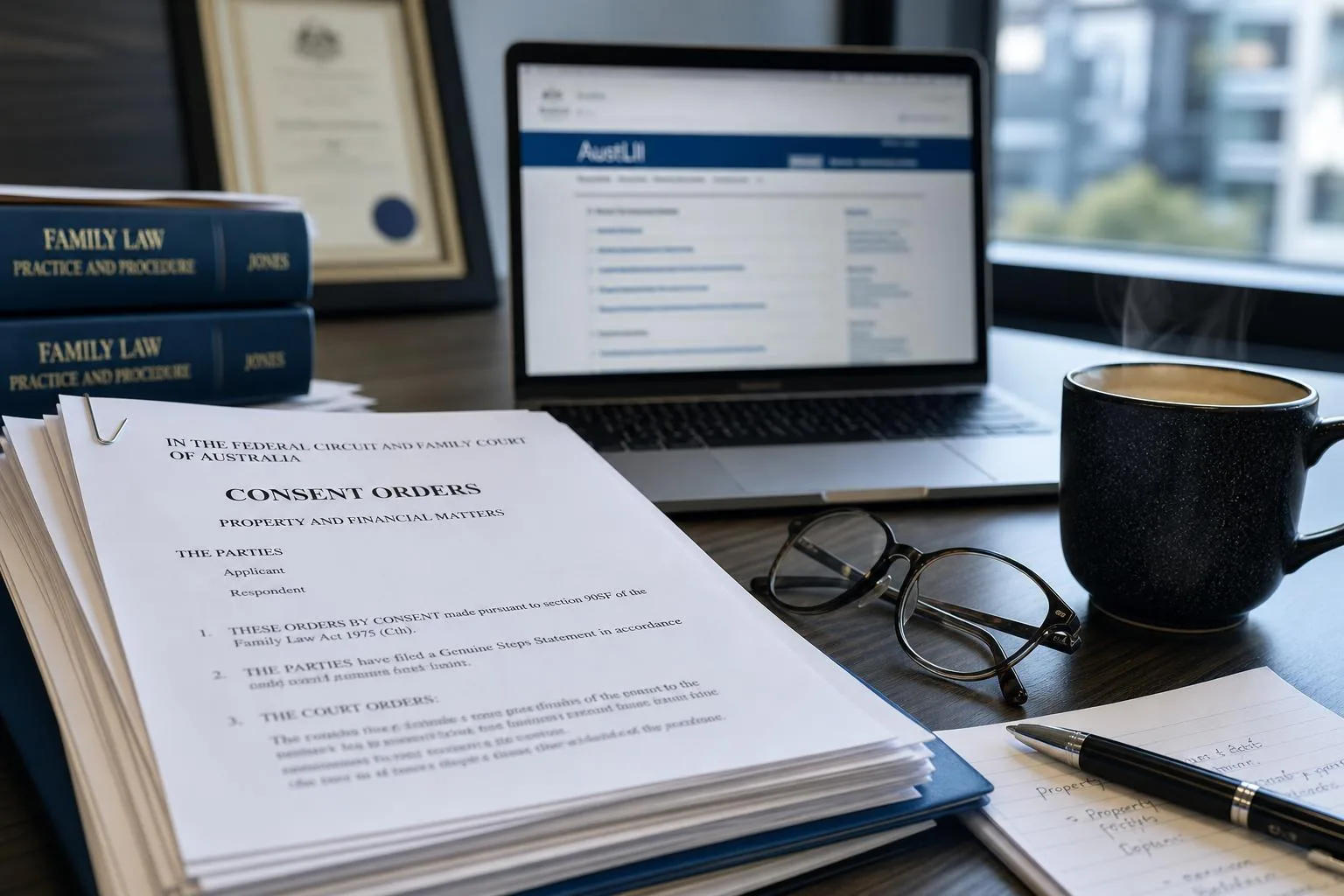 Featured image for Understanding Consent Orders in New South Wales - A closeup shot of a cluttered lawyers desk in an Austral