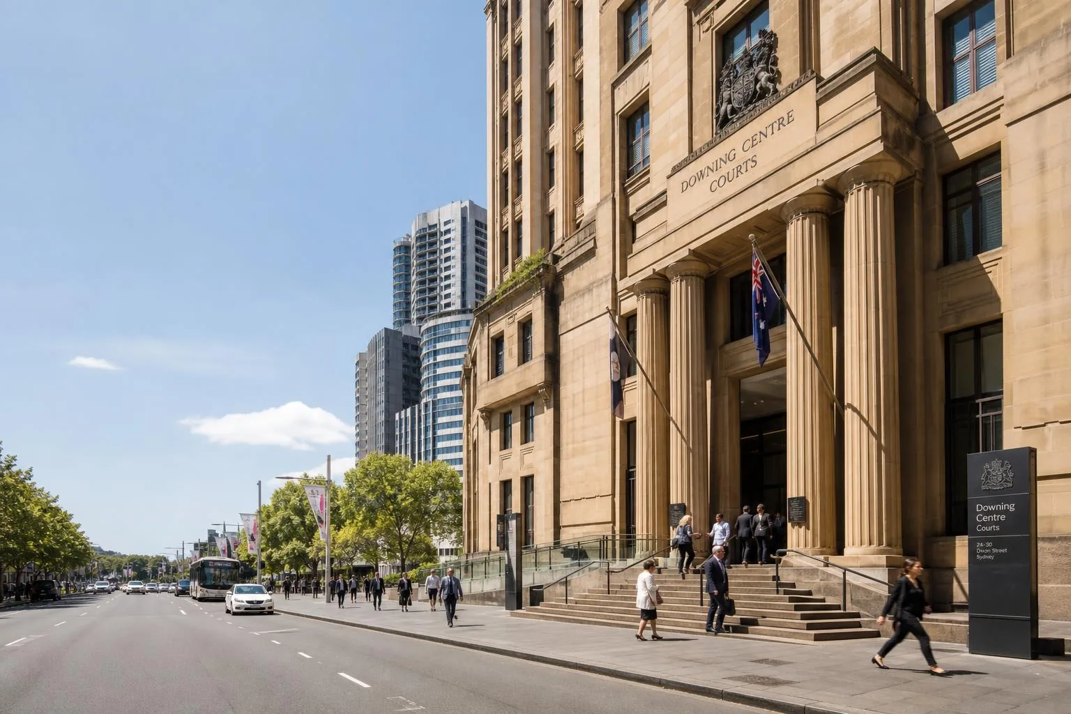 Featured image for What Are the Current Penalties for Drug Offences in NSW? - Capture the entrance of the Downing Centre cour