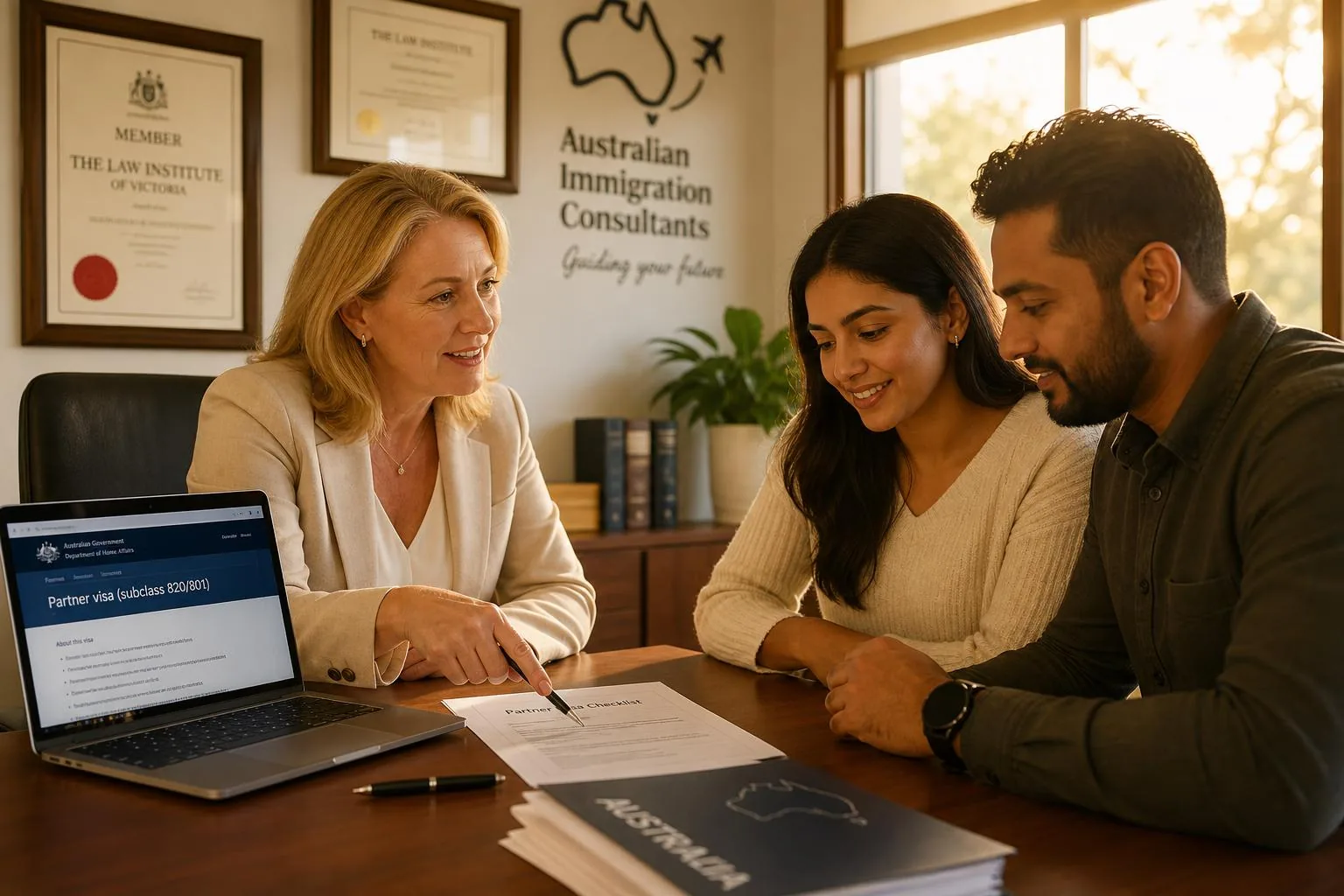 Featured image for What to Know about Partner Visa Applications in Australia - Capture a warmlit immigration consultancy offi
