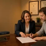 Featured image for How Does Child Support Work in Australia? - In a warmly lit solicitors office a family lawyer sits across