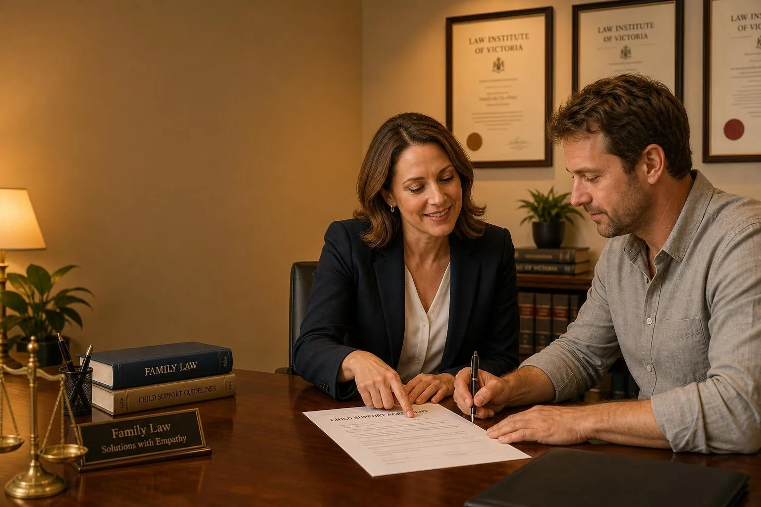 Featured image for How Does Child Support Work in Australia? - In a warmly lit solicitors office a family lawyer sits across