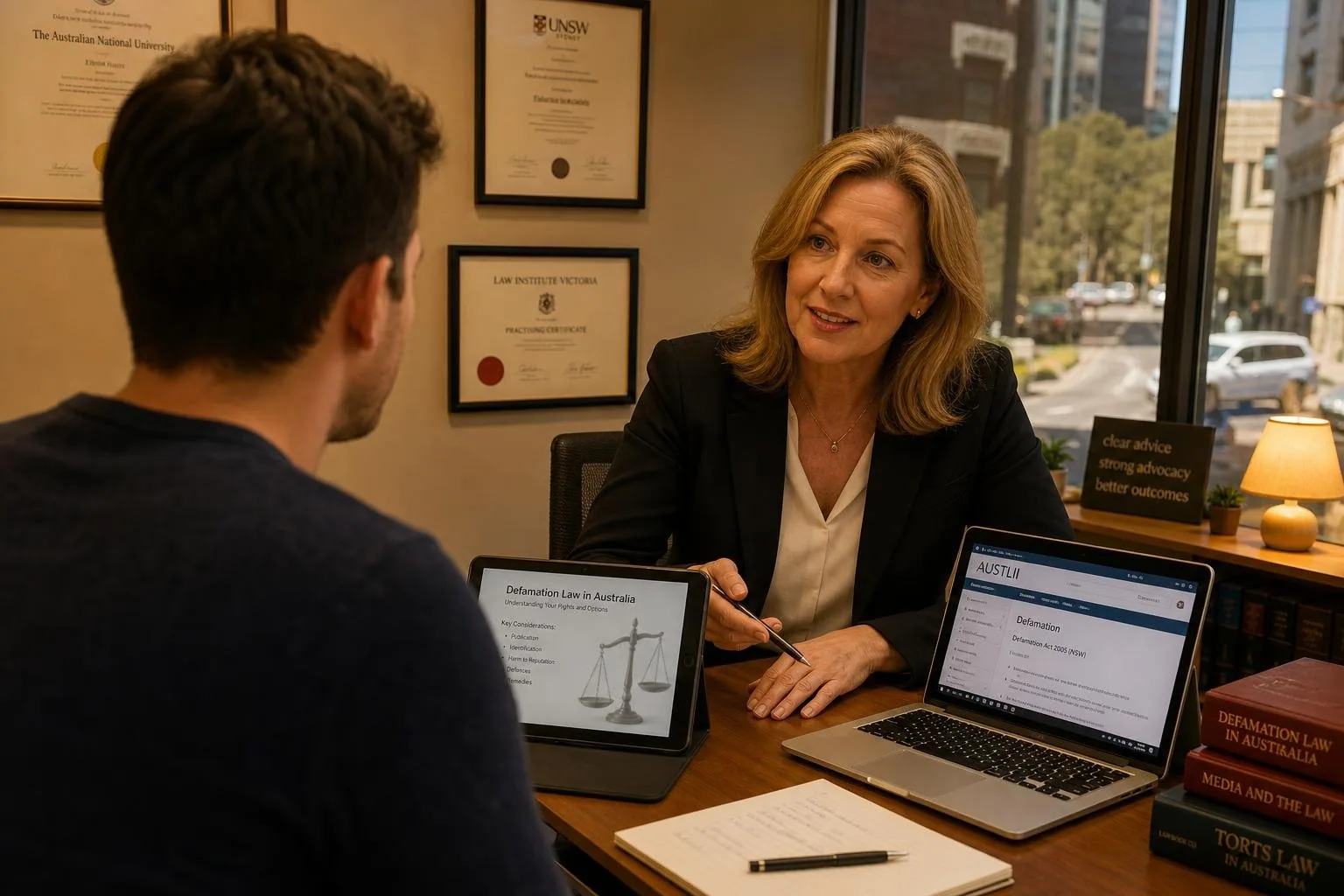 Featured image for How Does Online Defamation Work in Australia? - A scene capturing a professional legal consultants office