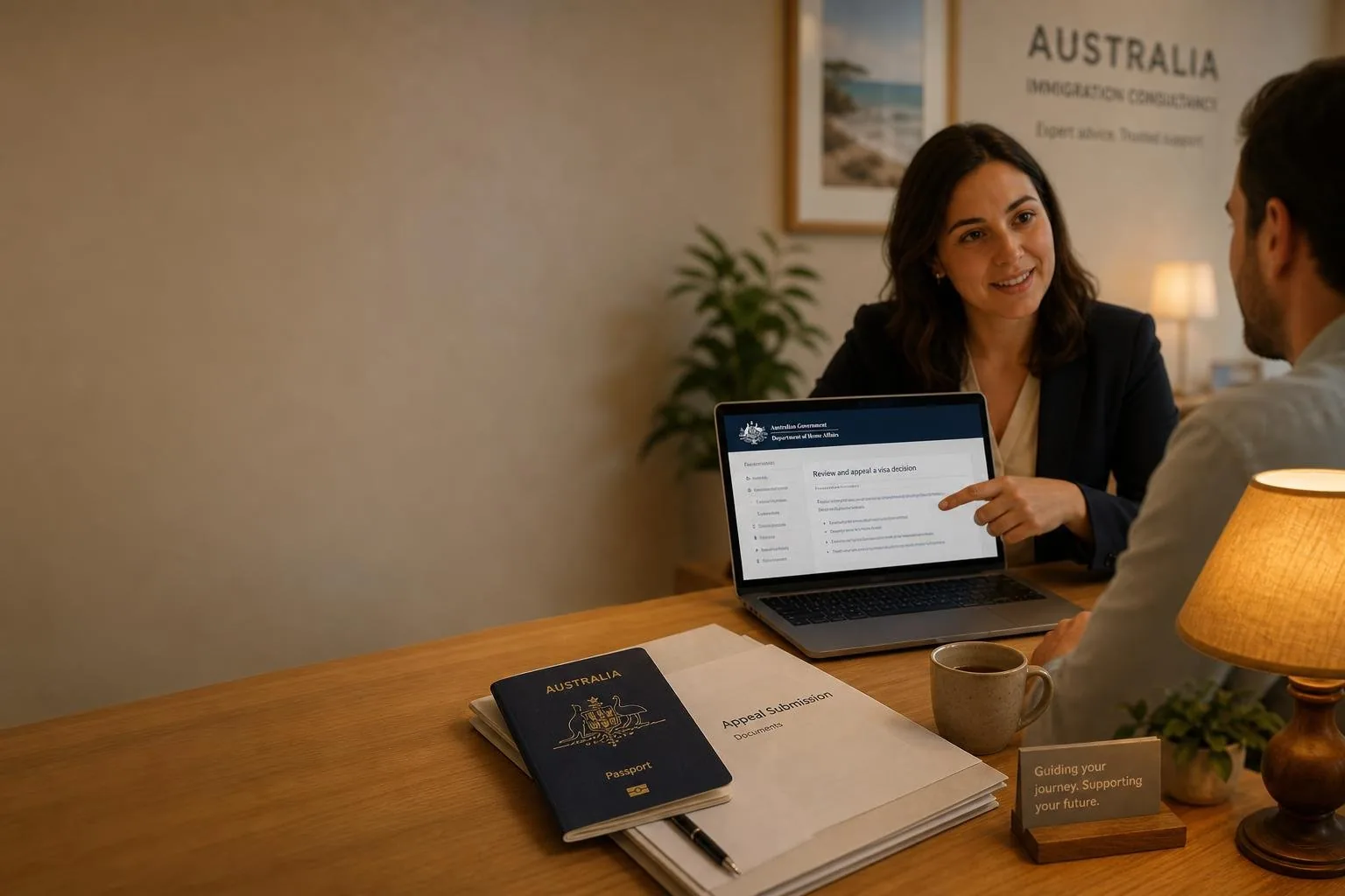 Featured image for How to Appeal a Visa Refusal in Australia? - A cozy immigration consultancy office in Australia bathed in