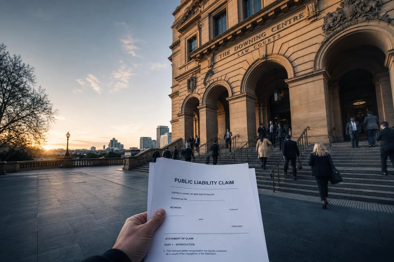 Featured image for How to Claim Public Liability in Australia - Capture a scene outside the sandstone facade of the Downing C