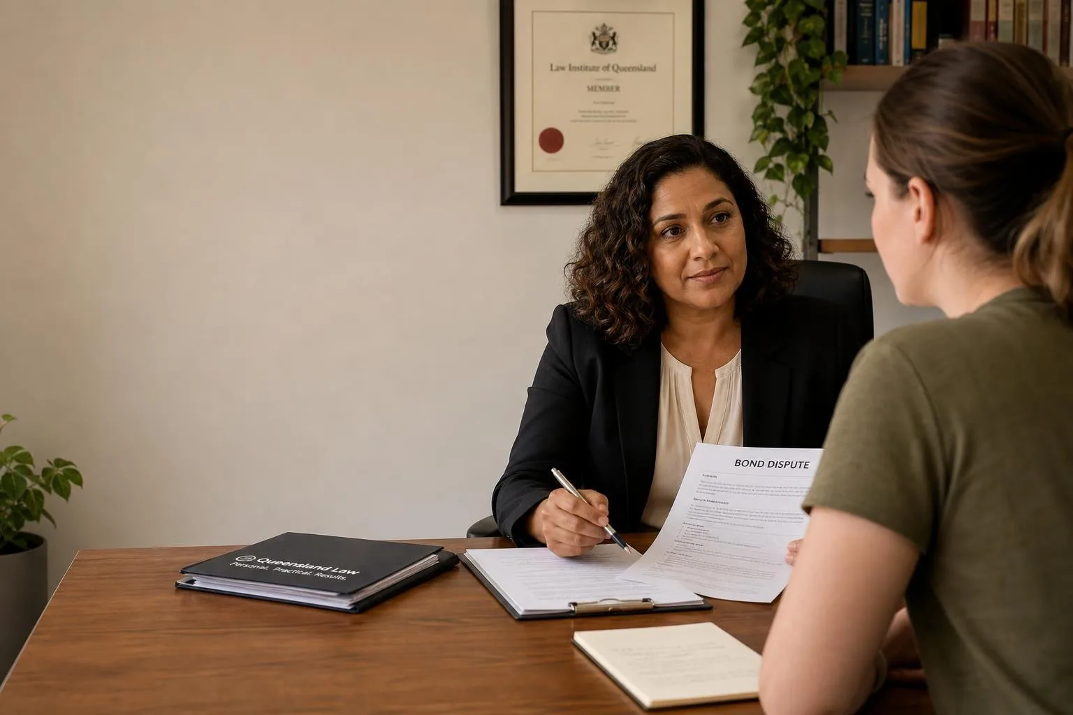 Featured image for How to Handle Bond Disputes in Queensland - A calm welllit office scene in Queensland where a solicitor is