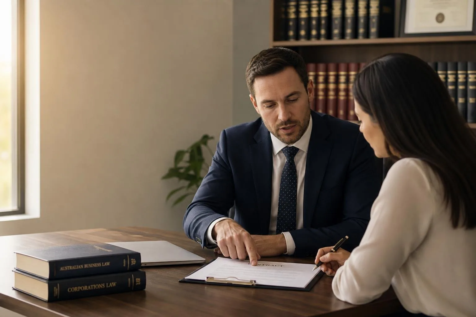 Featured image for How to Resolve Contract Disputes in Australia Today - A modern Australian law office interior with two pro