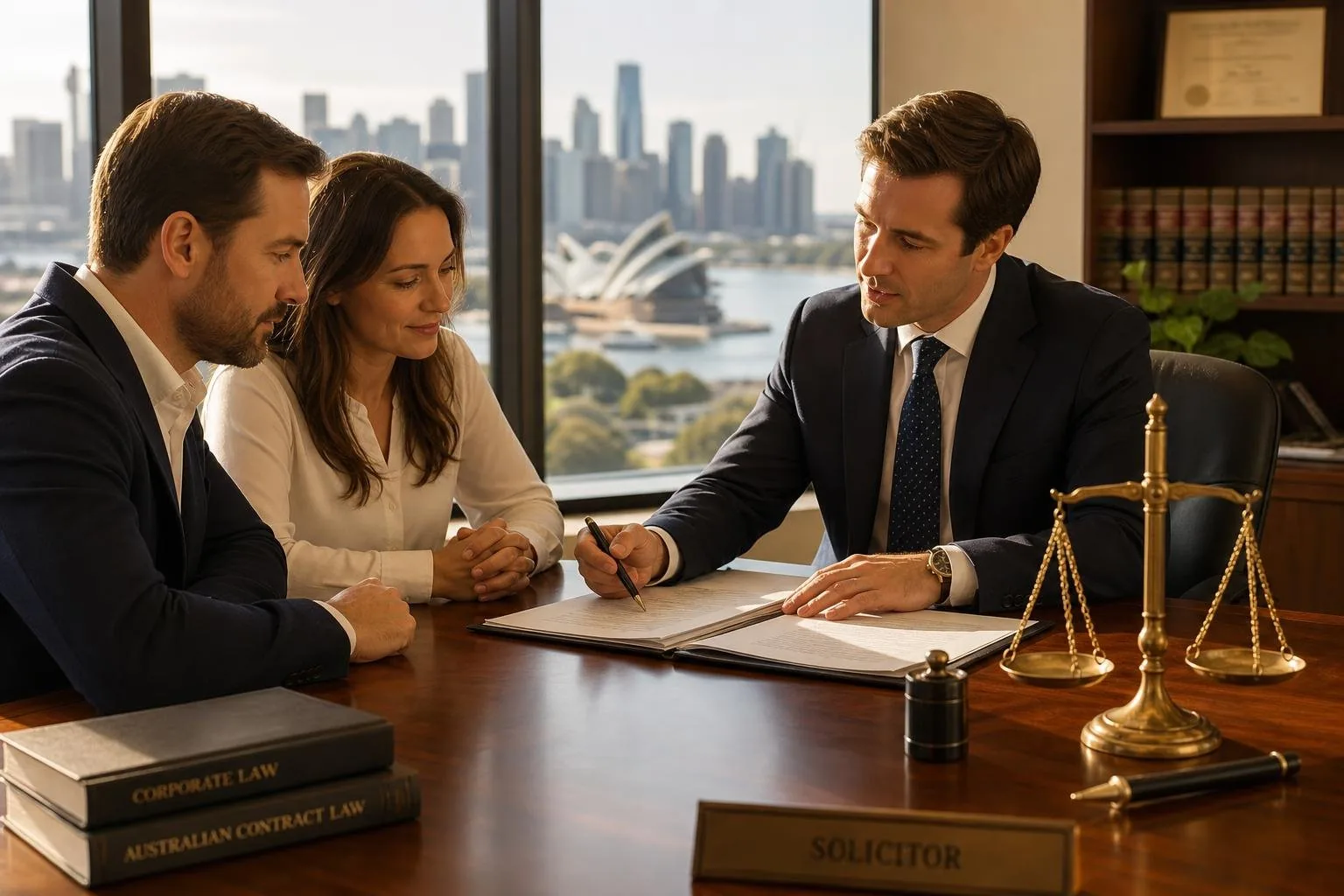 Featured image for How to Resolve Shareholder Disputes in Australia - An Australian solicitors office scene showing a profess