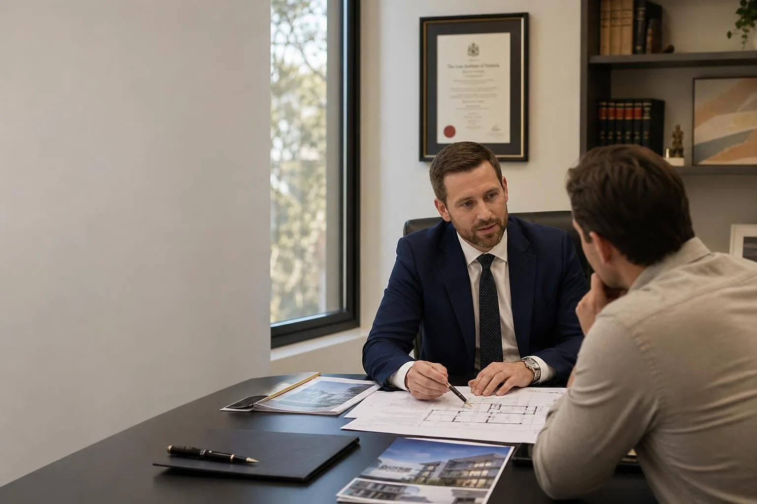 Featured image for What Are the Legal Steps for Off-the-plan Purchases? - A scene depicting a thoughtful consultation in a mo