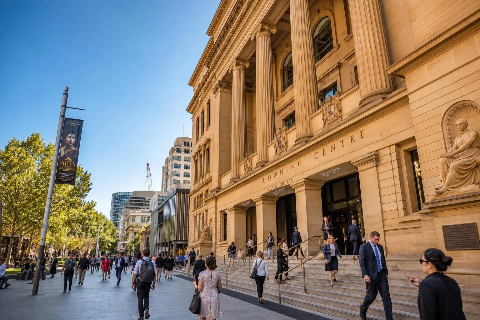 Featured image for What Are the New Bail Laws in NSW? - A bustling Sydney street scene outside the Downing Centre courthouse