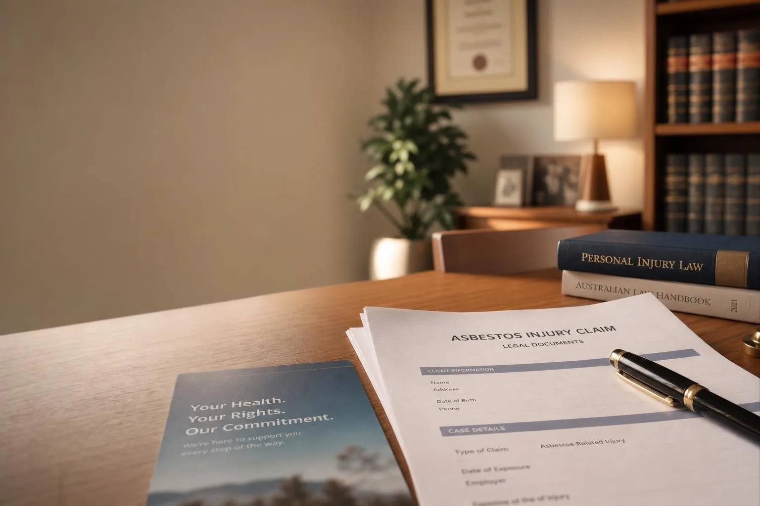 Featured image for When Can You Claim Asbestos Injury in Australia? - A closeup shot of a solicitors desk bathed in warm natu
