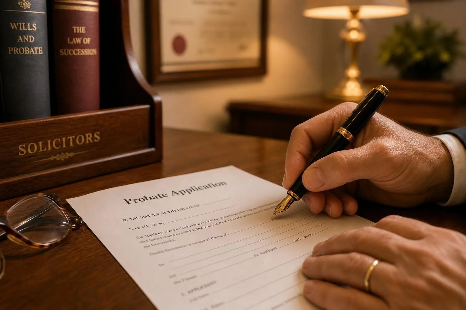 Featured image for When is Probate Required in WA? - Capture a closeup scene of a desk in a warmly lit solicitors office The