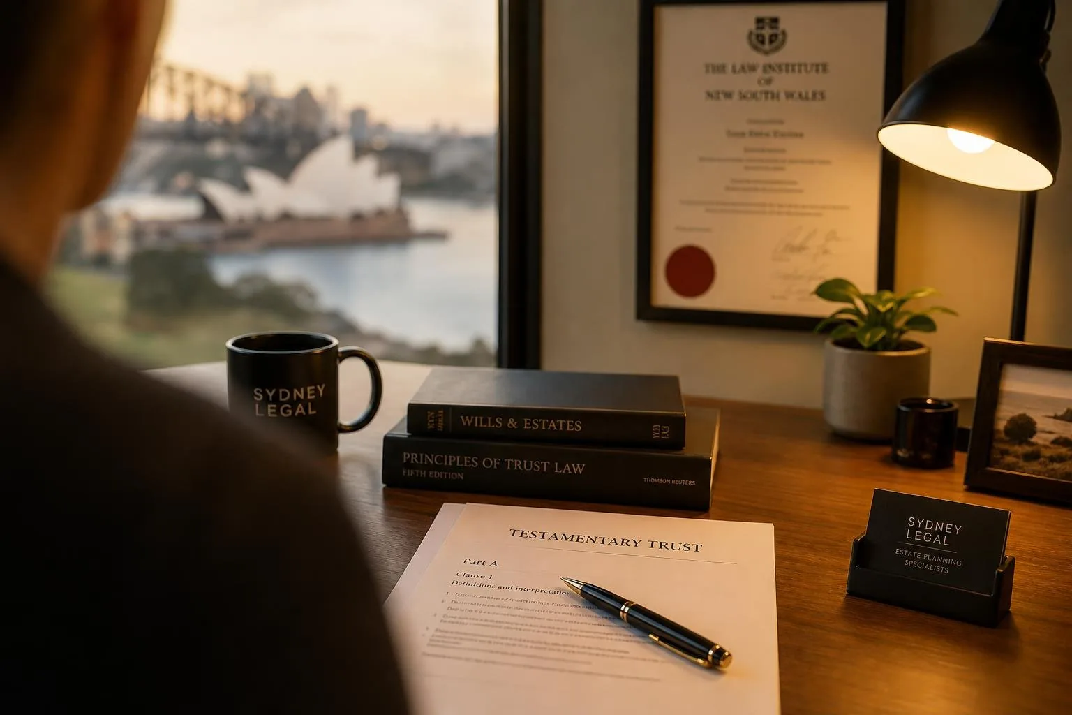 Featured image for When to Consider a Testamentary Trust in NSW? - A warmlit inviting office scene in a Sydney legal practice